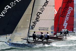 Fisher and Paykel and smeg battle on the run to wing mark - JJ Giltinan 18ft Skiff Championship 2014 photo copyright Australian 18 Footers League http://www.18footers.com.au taken at  and featuring the  class