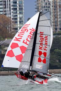 NZ's knight frank attacks the bottom mark - JJ Giltinan 18ft Skiff Championship 2014 photo copyright Australian 18 Footers League http://www.18footers.com.au taken at  and featuring the  class