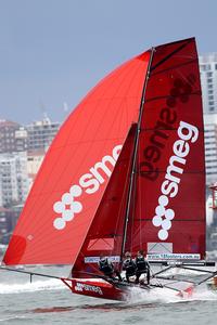 Return to form for the smeg team - JJ Giltinan 18ft Skiff Championship 2014 photo copyright Australian 18 Footers League http://www.18footers.com.au taken at  and featuring the  class