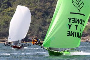 Sydney City marine battles with her big rig - JJ Giltinan 18ft Skiff Championship 2014 photo copyright Australian 18 Footers League http://www.18footers.com.au taken at  and featuring the  class