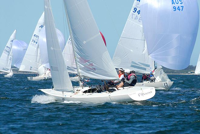 Fifteen+ show a very clean pair of heals to the fleet during Race Four. - 2014 Victorian Etchells Championship © David Jeffreys http://www.davidjeffreys.com.au/