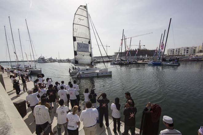 Hilary Lister British quadriplegic sailor( paralysed from the neck down) and Nashwa Al Kindi (OMA) shown here finishing their trans-ocean crossing from Mumbai - Muscat. Oman. Onboard a specially adapted Dragonfly trimaran © Lloyd Images