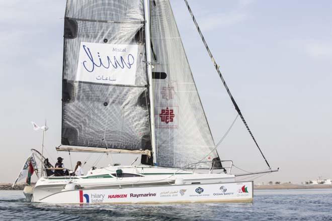 Hilary Lister British quadriplegic sailor( paralysed from the neck down) and Nashwa Al Kindi (OMA) shown here finishing their trans-ocean crossing from Mumbai - Muscat. Oman. Onboard a specially adapted Dragonfly trimaran © Lloyd Images