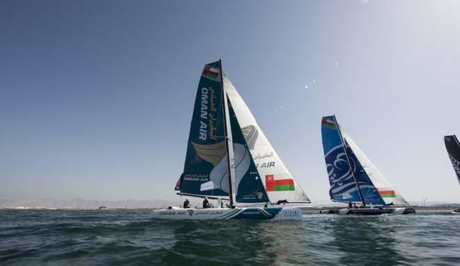 The Extreme Sailing Series 2014. Act 2. Muscat. Oman Air skippered Rob Greenhalgh (GBR) with headsail trimer Will Howden (GBR), trimer Tom Johnson (AUS), bowman Hashim Al Rashdi (OMA) and bowman Musab Al Hadi (OMA) © Lloyd Images/Extreme Sailing Series
