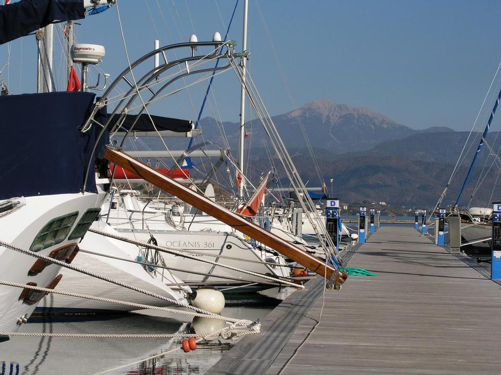 Boats stern-to a dock in Turkey in the Eastern Mediterranean showing passerelle. © Paul Shard