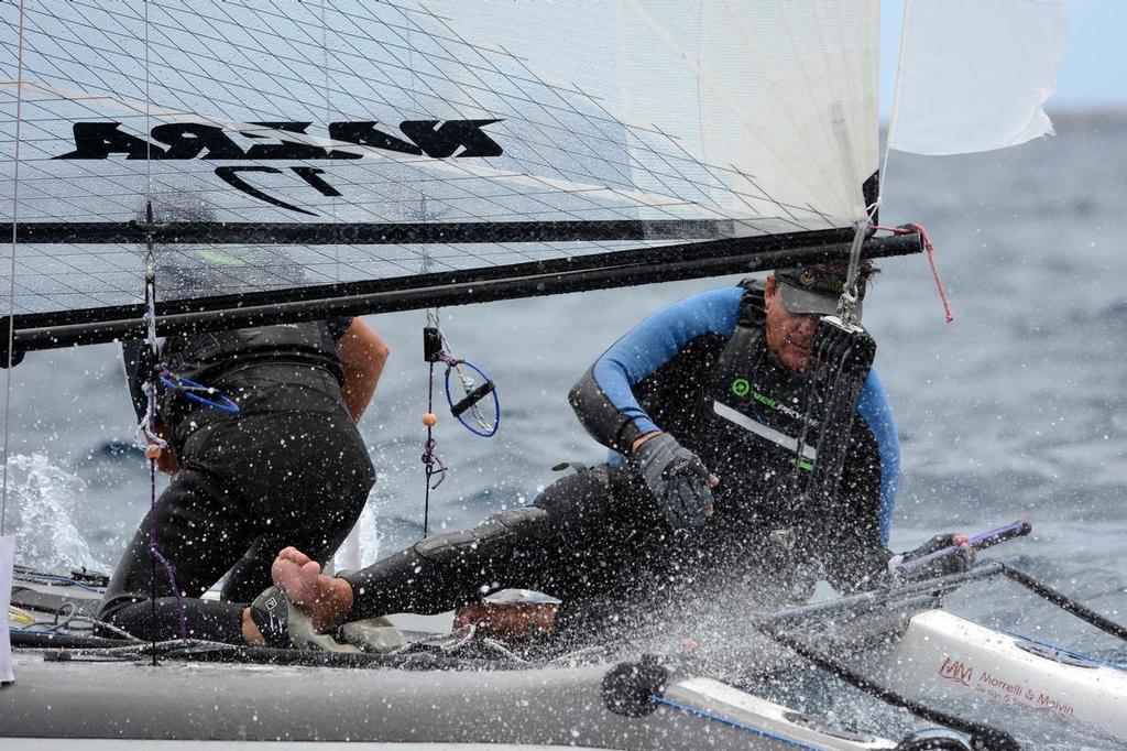 The USVI’s John Holmberg sails in the beach cat class with Terri McKenna as crew. The two will bid to represent the USVI in the Nacra 17 at the 2016 Summer Olympics. © Dean Barnes