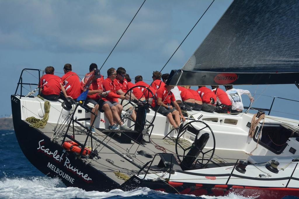 Australia’s Rob Date sails his RP 52 Scarlett Runner for the first year in the regatta. Date left Australia in July 2013 to travel the world in search of his bucket list regattas v- Day 1 St Thomas Int Regatta . © Dean Barnes