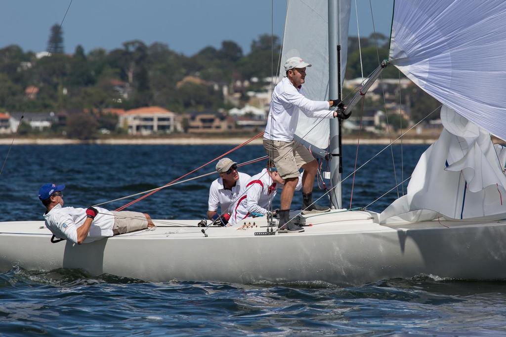 The Rat, Grantham Kitto, Brad Moore, Tim Ward and Rachael Mullins coming in for the win of Race Two.  - 2014 Etchells WA Championship © Kylie Wilson Positive Image - copyright http://www.positiveimage.com.au/etchells