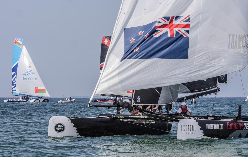Emirates Team New Zealand in the lead in race 2 sailing on Day 2 of the Extreme Sailing Series Act 2 in Muscat, Oman. © Hamish Hooper/Emirates Team NZ http://www.etnzblog.com