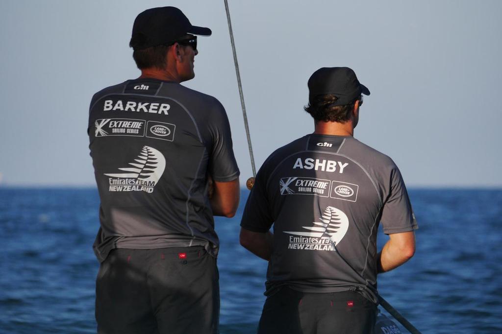 Dean Barker and Glenn Ashby after racing on Day 1 of the Extreme Sailing Series Act 2 in Muscat, Oman. photo copyright Emirates Team New Zealand http://www.etnzblog.com taken at  and featuring the  class