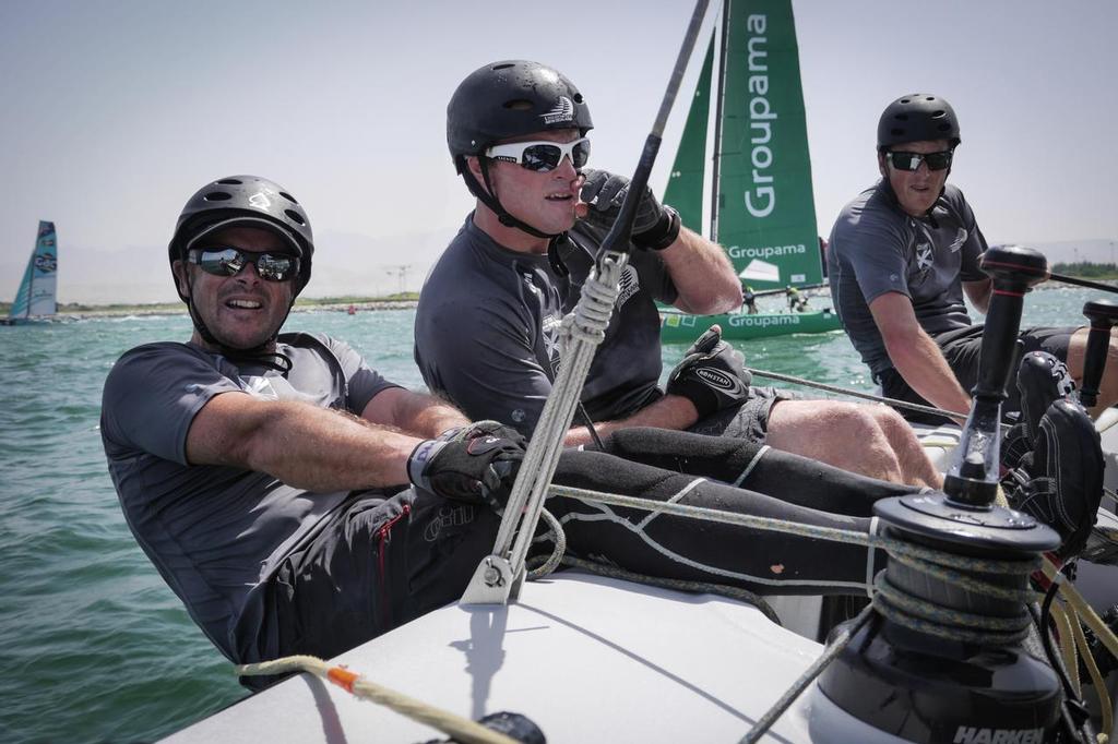 James Dagg trimming sailing on Day 4 of the Extreme Sailing Series Act 2 in Muscat, Oman. &copy; Hamish Hooper/Emirates Team NZ http://www.etnzblog.com