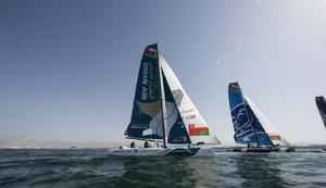 Oman Air skippered Rob Greenhalgh (GBR) with headsail trimer Will Howden (GBR), trimer Tom Johnson (AUS), bowman Hashim Al Rashdi (OMA) and bowman Musab Al Hadi (OMA) - 2014 Extreme Sailing Series Act 2 photo copyright Lloyd Images taken at  and featuring the  class