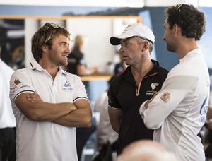 The Wave, Muscat's skipper Leigh McMillan (right) Oman Air's Skipper Rob Greenhalgh (middle) - 2014 Extreme Sailing Series Act 2, Day 1 photo copyright Lloyd Images taken at  and featuring the  class