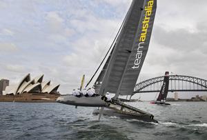 Team Australia and Oracle Team USA on Sydney Harbour photo copyright  Andrea Francolini Photography http://www.afrancolini.com/ taken at  and featuring the  class