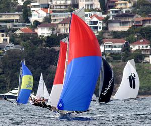 Yandoo leads the fleet to the bottom mark - 18ft Skiffs Queen of the Harbour Race photo copyright Australian 18 Footers League http://www.18footers.com.au taken at  and featuring the  class