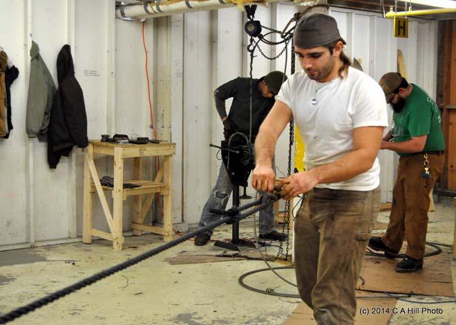 Traditional riggers have begun work on SSV Oliver Hazard Perry’s six miles of running rigging © Carol Hill http://www.ohpri.org/