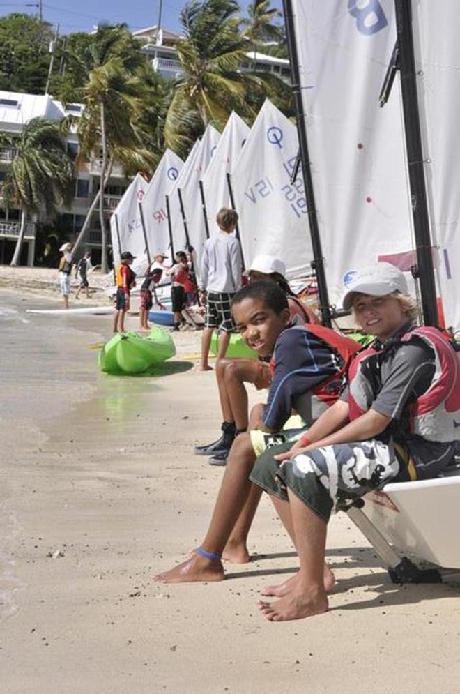 Optimist sailors wait on the beach at the St. Thomas Yacht Club for the signal to launch in the 2013 International Optimist Regatta. © Dean Barnes