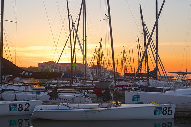 Another crystal-clear day dawns over the 2014 2014 Sperry Top-Sider Charleston Race Week racing fleet at Patriot’s Point. © Meredith Block/ Charleston Race Week http://www.charlestonraceweek.com/