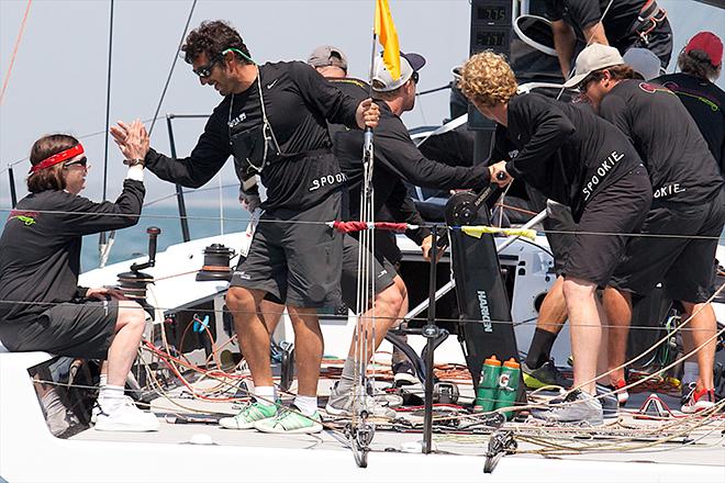 Navigator Bora Gulari and Tactician Heidi Benjamin trade high fives after their sixth straight win in the HPR Class aboard the Carkeek 40 Spookie. © Meredith Block/ Charleston Race Week http://www.charlestonraceweek.com/