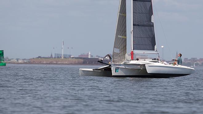 High-speed trimarans like David Saint’s Flight Simulator (Tallahasee FL) competed for the first time at Sperry Top-Sider Charleston Race Week while they hit 20 knots in Friday’s fresh breeze today’s zephyrs were a different story. © Meredith Block/ Charleston Race Week http://www.charlestonraceweek.com/