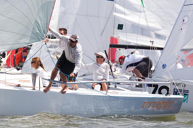 Chris Carroll’s J/70 Torqeedo (Vancouver Canada) tries to sneak inside a huge crowd of boats at the J/70 gate. © Meredith Block/ Charleston Race Week http://www.charlestonraceweek.com/