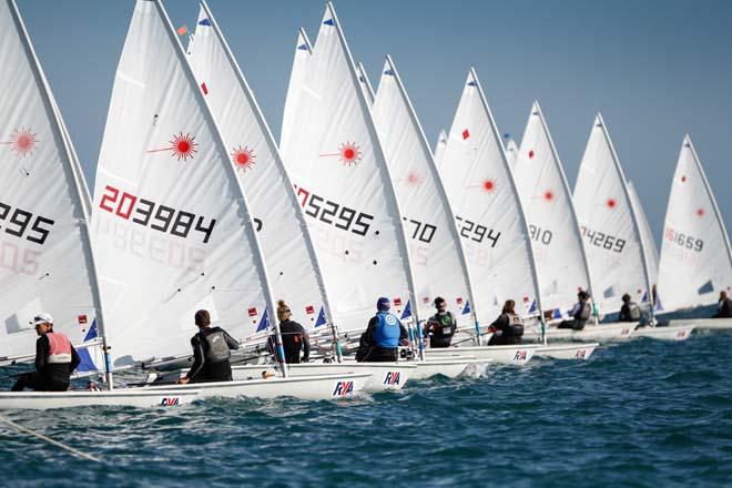 Laser fleet on day 1 of the RYA Youth National Championships 2014 ©  Paul Wyeth / RYA http://www.rya.org.uk