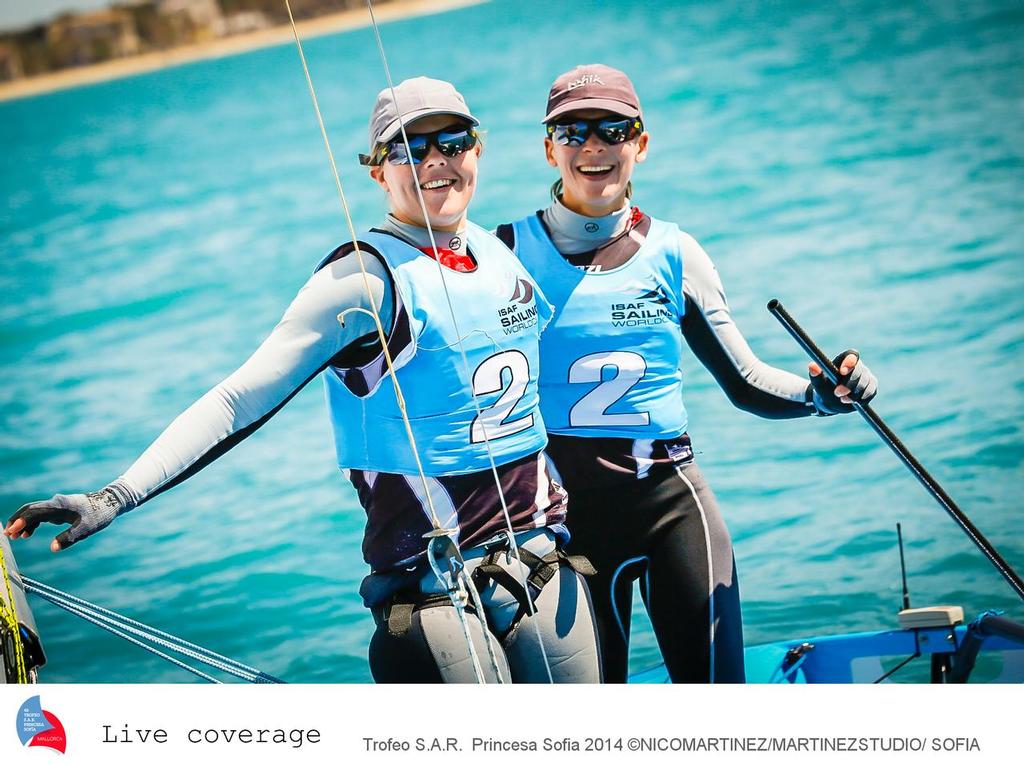2013 World Champions, Jo Aleh and Polly Powrie (NZL)  celebrate their in the Womens 470 class at the 2014 ISAF Sailing World Cup Palma photo copyright  Martinez Studio / Sofia http://www.trofeoprincesasofia.org/ taken at  and featuring the  class