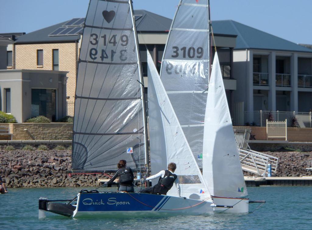 Quick Spoon (Ashleigh Emery and Alex Bath) converge with Block Party - Copper Cove Marina Cherub Sprint Series © SA Cherubs