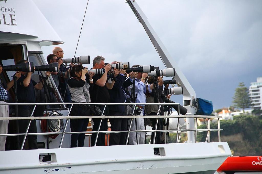 International media follow the HRH Duke and Duchess of Cambridge Match racing in the America’s Cup monohulls on the Waitemata Harbour - April 11, 2014 © Richard Gladwell www.photosport.co.nz