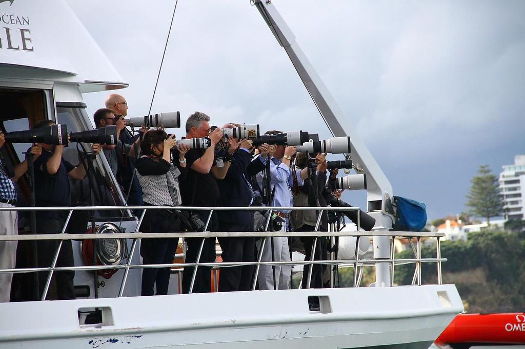 International media follow the HRH Duke and Duchess of Cambridge Match racing in the America&rsquo;s Cup monohulls on the Waitemata Harbour - April 11, 2014 photo copyright Richard Gladwell www.photosport.co.nz taken at  and featuring the  class