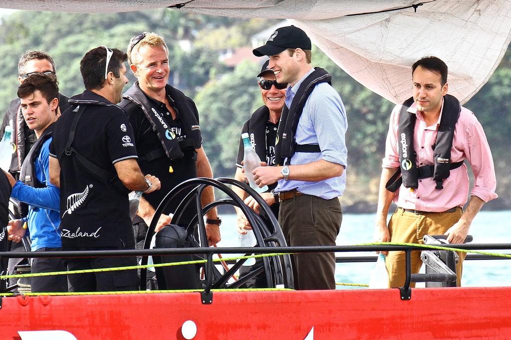 HRH Duke of Cambridge gets a debrief after losing both races in the match racing series in the America’s Cup monohulls on the Waitemata Harbour - April 11, 2014 © Richard Gladwell www.photosport.co.nz