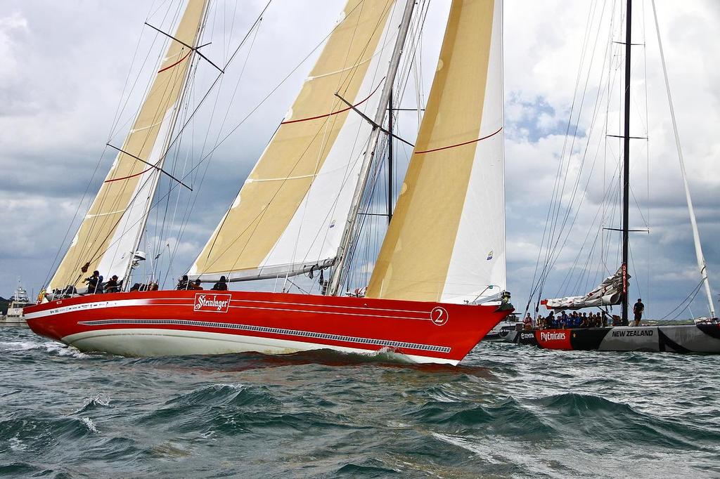 Passing HRH The Duchess of Cambridge in the AC boats - James Cook High School aboard Steinlager 2 photo copyright Richard Gladwell www.photosport.co.nz taken at  and featuring the  class