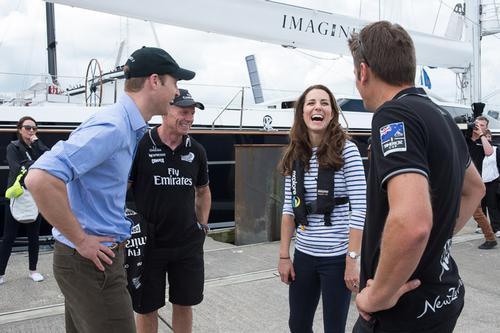 Grant Dalton and Dean Barker chat with their Royal Highnesses the Duke and Duchess of Cambridge who visited Emirates Team New Zealand to match race each other on version 5 America’s Cup Yachts NZL41 and NZL68.  © Chris Cameron/ETNZ http://www.chriscameron.co.nz