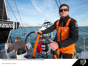 09 April 2014, Charlie Enright Team Alvimedica skipper, at the helm if the boat in Southampton - Volvo Ocean Race 2014-15 photo copyright Sam Greenfield taken at  and featuring the  class