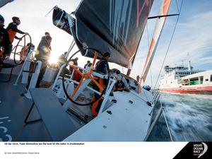 09 April 2014, Team Alvimedica see the boat hit the water in Southampton - Volvo Ocean Race 2014-15 photo copyright Sam Greenfield taken at  and featuring the  class