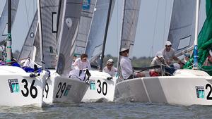 Light air meant crowded mark roundings across the inshore course here five Melges 24s stack up in the current as they round the bottom mark. - Sperry Top-Sider Charleston Race Week 2014 photo copyright Meredith Block/ Charleston Race Week http://www.charlestonraceweek.com/ taken at  and featuring the  class