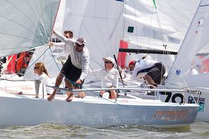 Chris Carroll’s J/70 Torqeedo (Vancouver Canada) tries to sneak inside a huge crowd of boats at the J/70 gate.  - Sperry Top-Sider Charleston Race Week 2014 photo copyright Meredith Block/ Charleston Race Week http://www.charlestonraceweek.com/ taken at  and featuring the  class