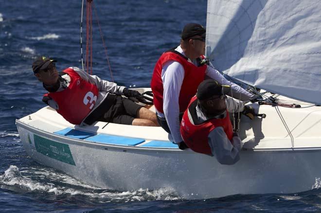Australian Sailing’s Colin Harrison, Jonathan Harris and Russell Boaden won Sonar bronze at the ISAF Sailing World Cup Hyeres. &copy; Australian Sailing Team