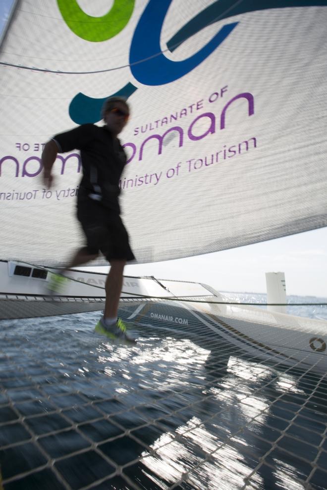 Oman Air - Musandam MOD70. The Oman Air MOD70. Skippered by Sidney Gavignet (FRA) with team mates Thomas LeBreton (FRA), Fahad Al Hasni (OMA), Neal McDonald (GBR),Damian Foxall (IRL), Ahmed Al Hassani (OMA) and Giles Favennec (FRA) © Lloyd Images