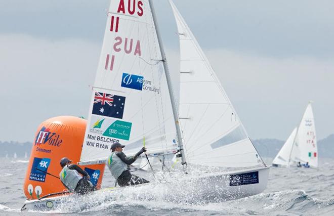 Mat Belcher and Will Ryan in action at the ISAF World Cup Hyeres  ©  Victor Kovalenko