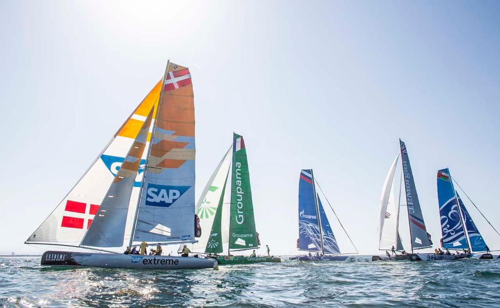 The Extreme Sailing Series 2014. Act 2. Muscat. 
From right to left SAP, Groupama, Gazprom, JP Morgan and The Wave Muscat
 photo copyright Lloyd Images taken at  and featuring the  class