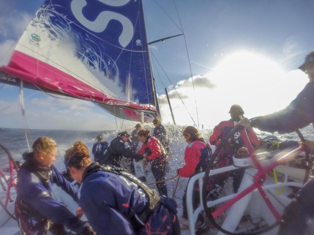 25 Apr 2014. Onboard Team SCA during their first sail across the Atlantic Ocean. Route: Lanzarote - Newport. Distance: 3,750nm. Images from Corinna Halloran (USA) - Onboard Reporter (on trial) photo copyright Corinna Halloran - Volvo Ocean Race http://www.volvooceanrace.com taken at  and featuring the  class