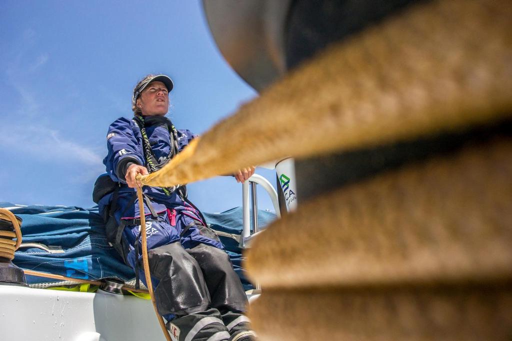 25 Apr 2014. Sam Davies onboard Team SCA during their first sail across the Atlantic Ocean. Route: Lanzarote - Newport. Distance: 3,750nm. Images from Corinna Halloran (USA) - Onboard Reporter (on trial) photo copyright Corinna Halloran - Volvo Ocean Race http://www.volvooceanrace.com taken at  and featuring the  class