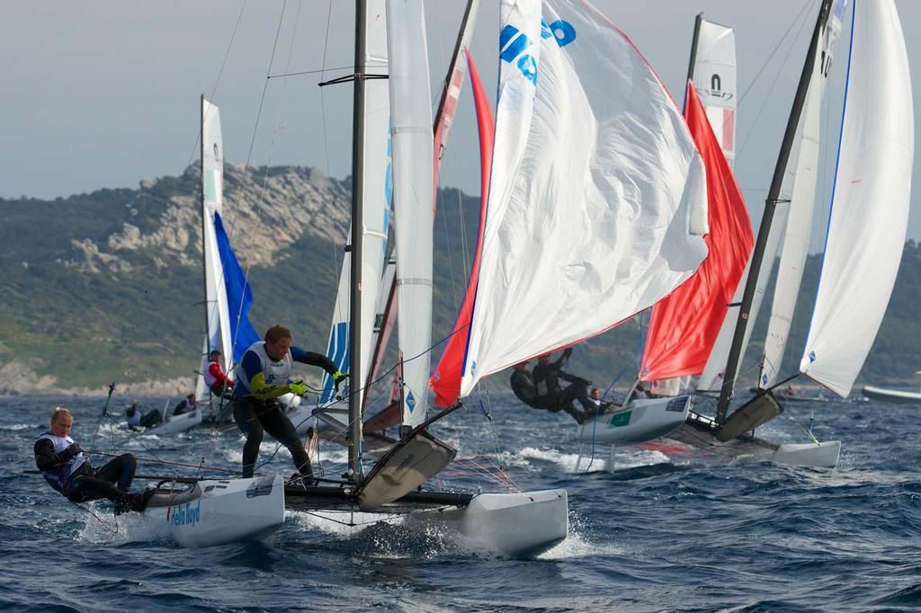 Nacra 17 - 2014 ISAF Sailing World Cup Hyeres, day 2 photo copyright  Franck Socha / ISAF Sailing World Cup Hyeres http://swc.ffvoile.fr/ taken at  and featuring the  class