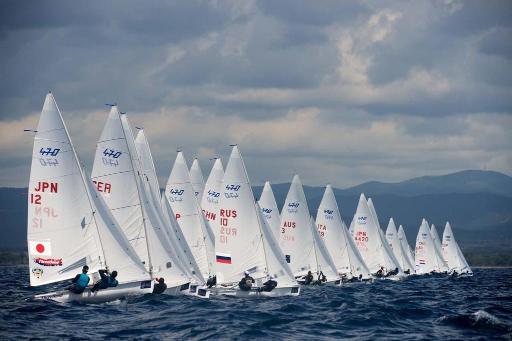 470 Men's fleet - 2014 ISAF Sailing World Cup Hyeres, Day 1 photo copyright  Franck Socha / ISAF Sailing World Cup Hyeres http://swc.ffvoile.fr/ taken at  and featuring the  class