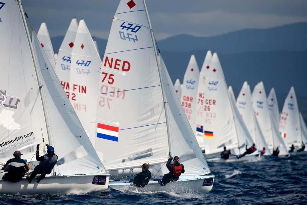 470 Women's fleet - 2014 ISAF Sailing World Cup Hyeres, Day 1 photo copyright  Franck Socha / ISAF Sailing World Cup Hyeres http://swc.ffvoile.fr/ taken at  and featuring the  class