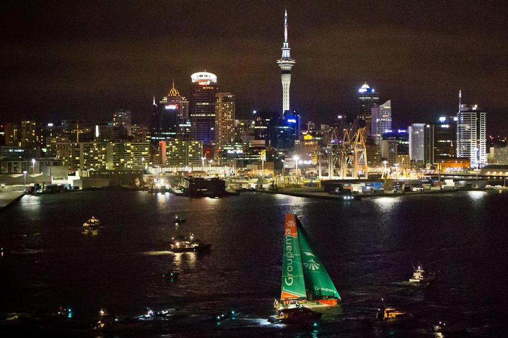 Groupama Sailing Team, skippered by Franck Cammas from France, finish first in to Auckland harbour at night, on leg 4 from Sanya, China to Auckland, New Zealand, during the Volvo Ocean Race 2011-12. (Credit: IAN ROMAN/Volvo Ocean Race) photo copyright Volvo Ocean Race http://www.volvooceanrace.com taken at  and featuring the  class