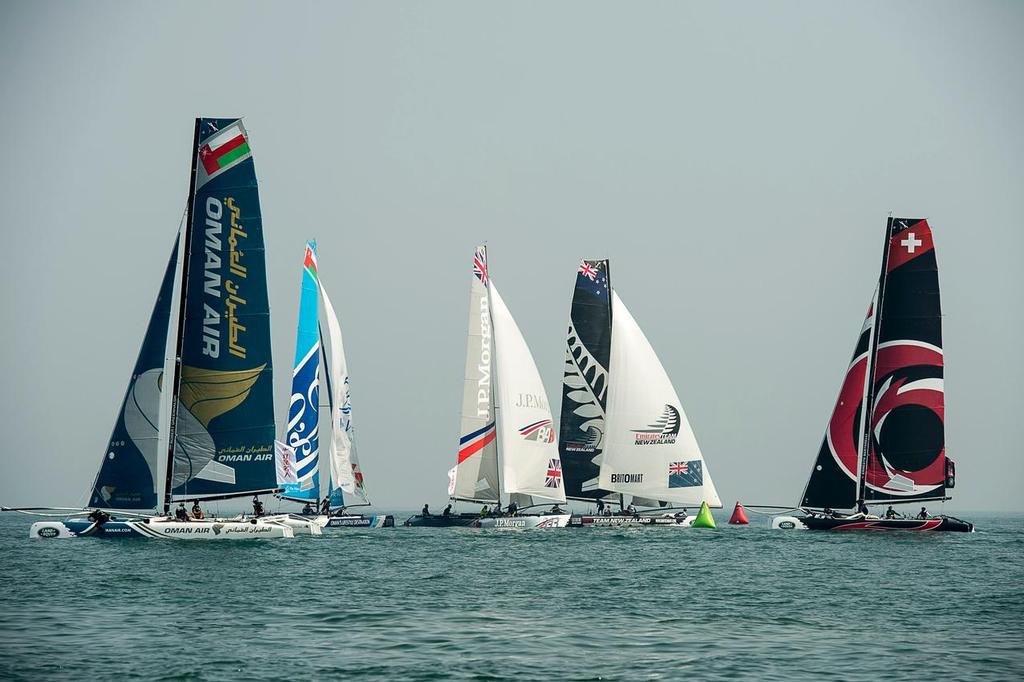 Emirates Team New Zealand rounds the top mark in the lead. Practice day of the Land Rover Extreme Saling Series regatta in Qingdao China. 30/4/2014 © Chris Cameron/ETNZ http://www.chriscameron.co.nz