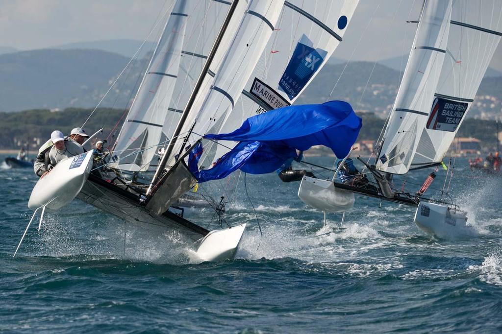 Close quarter Nacra 17 action - 2014 ISAF Sailing World Cup Hyeres, Day 3 photo copyright  Franck Socha / ISAF Sailing World Cup Hyeres http://swc.ffvoile.fr/ taken at  and featuring the  class