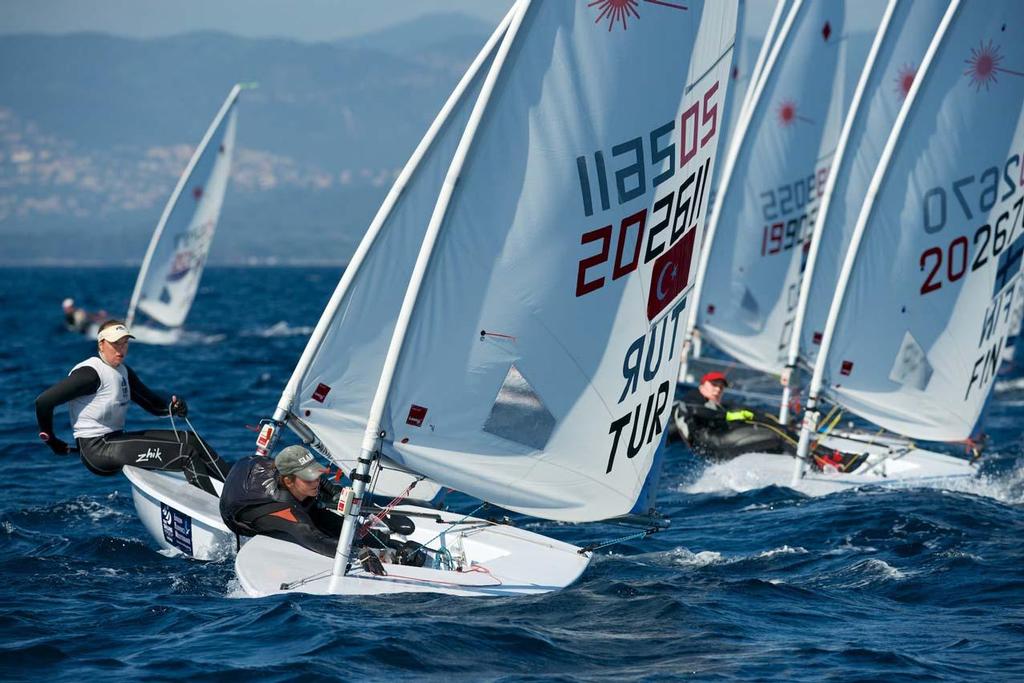 Laser Radial fleet - 2014 ISAF Sailing World Cup Hyeres, Day 3 photo copyright  Franck Socha / ISAF Sailing World Cup Hyeres http://swc.ffvoile.fr/ taken at  and featuring the  class